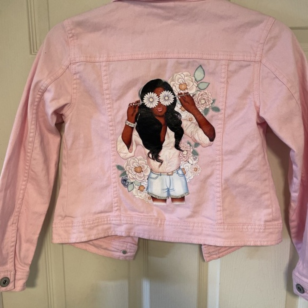 "Girl‎ Power" Pink Denim Jacket Girls size 10 /12 Arizona Jean Co.